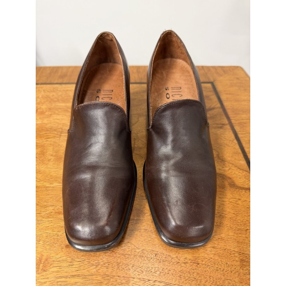 Vtg 90s y2k Square Toe 7.5 Chunky‎ Heels Brown Leather Heeled Loafer Low Boot